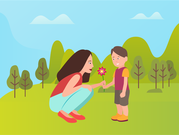 Menino dando flor para mãe  Ilustração