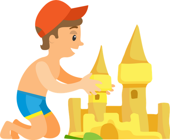 Menino de sunga e boné construindo um castelo de areia  Ilustração