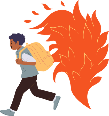 Menino assustado com mochila fugindo de fogo aberto  Ilustração