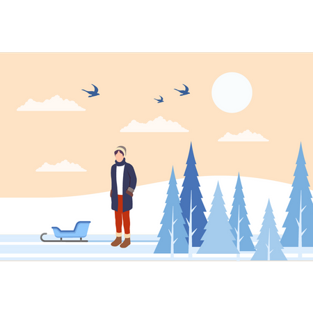 Menino em pé ao ar livre no inverno  Ilustração