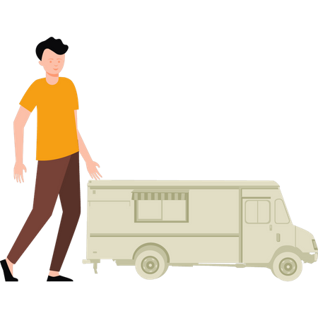 Menino parado ao lado de um food truck  Ilustração