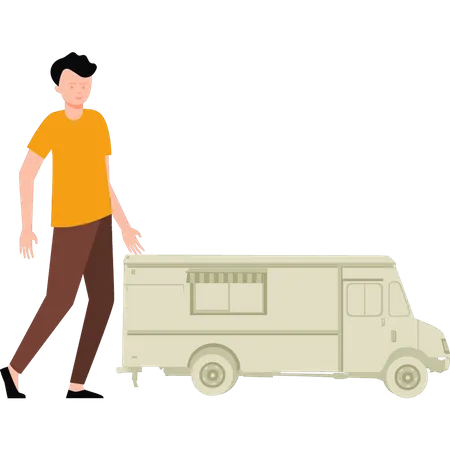 Menino parado ao lado de um food truck  Ilustração