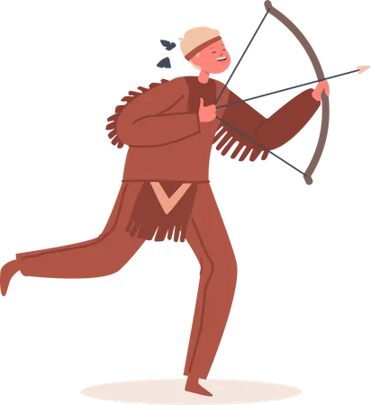 Menino em pano tradicional com arco e flecha segurando  Ilustração