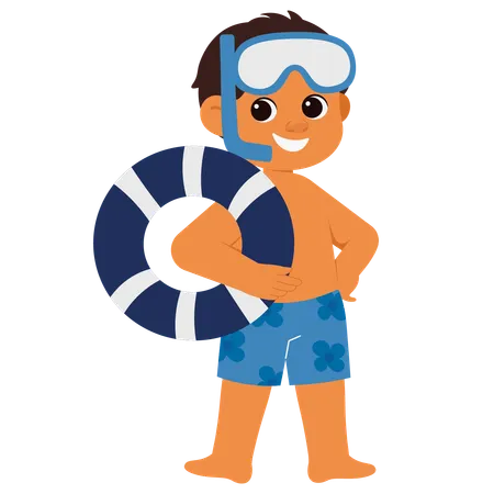 Menino de verão com óculos de natação para mergulho com snorkel  Ilustração