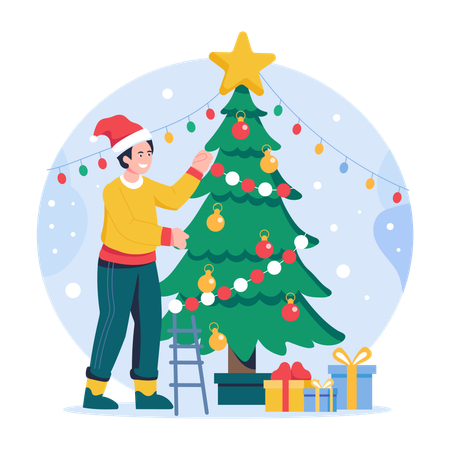 Menino decorando árvore de natal  Ilustração