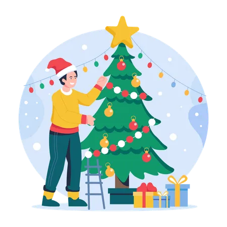 Menino decorando árvore de natal  Ilustração