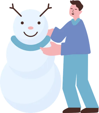 Menino decorando boneco de neve  Ilustração