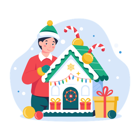 Menino decorando a casa para o Natal  Ilustração