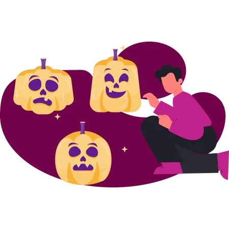 Menino colocando abóbora de Halloween  Ilustração