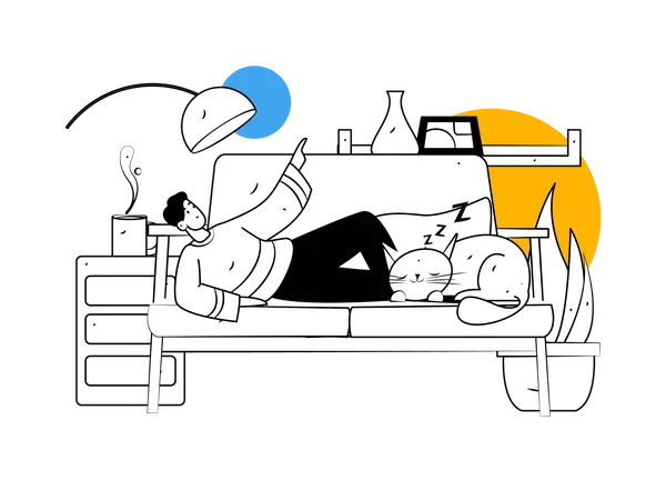 Menino deitado no sofá com gato dormindo  Ilustração