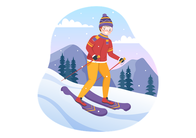 Garoto anda de esqui descendo da montanha  Ilustração