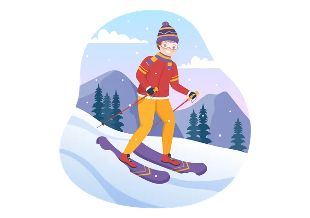 Garoto anda de esqui descendo da montanha  Ilustração