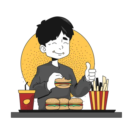 Menino desfrutando de comida na mesa  Ilustração