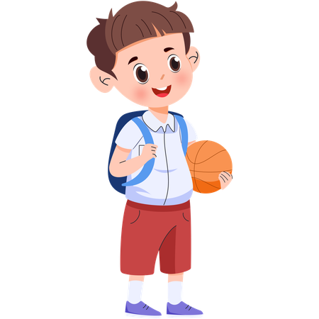 Menino da escola primária carregando basquete  Ilustração