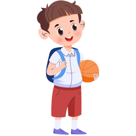 Menino da escola primária carregando basquete  Ilustração