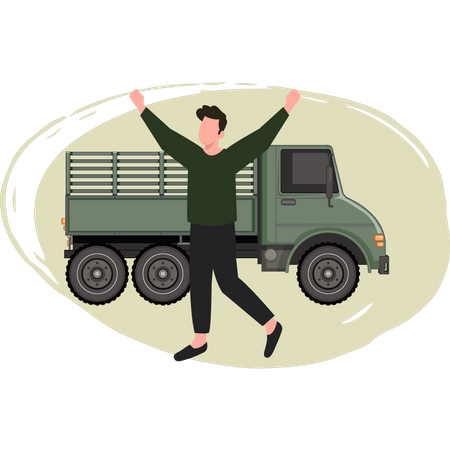 Menino do exército parado ao lado de um caminhão militar  Ilustração