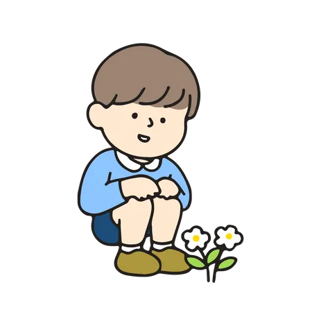 Menino do jardim de infância olhando para uma flor  Ilustração