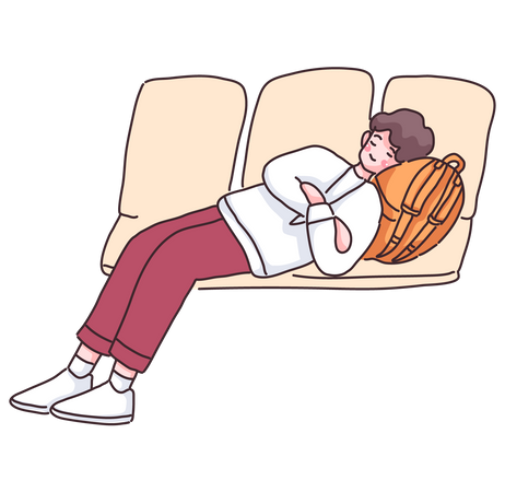 Menino dormindo no banco da área de espera do aeroporto  Ilustração