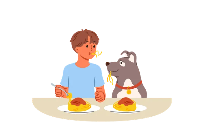 Garotinho e cachorro comem espaguete sentado à mesa demonstrando amizade e confiança  Ilustração