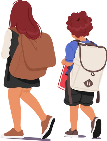 Menino e menina da escola com mochilas e livros  Ilustração