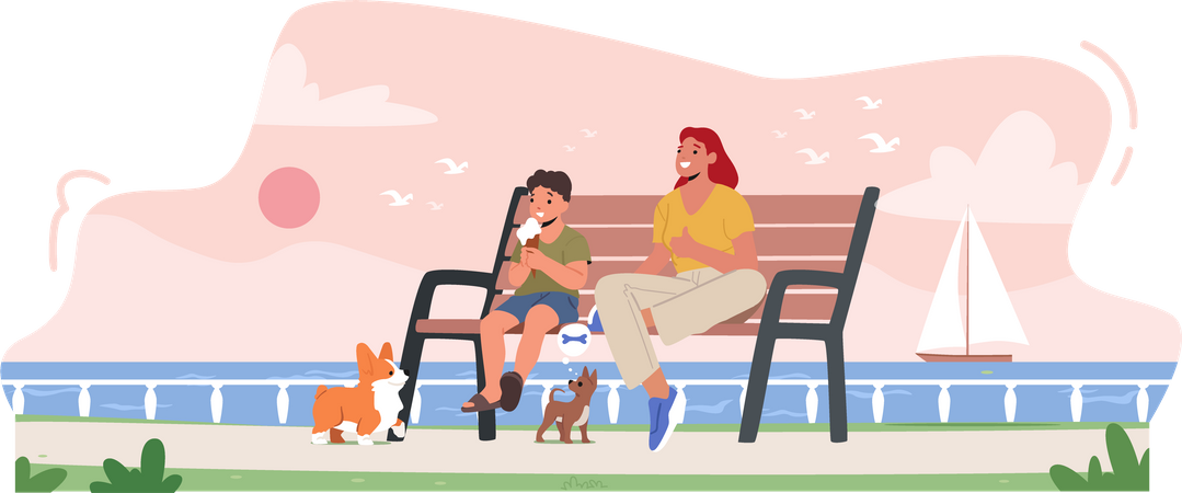 Menino e mãe tomando sorvete sentados no banco  Ilustração