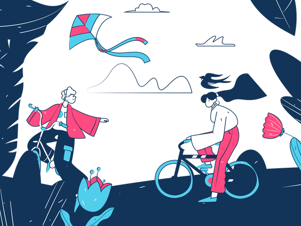 Menino e menina andando de bicicleta do lado de fora  Ilustração