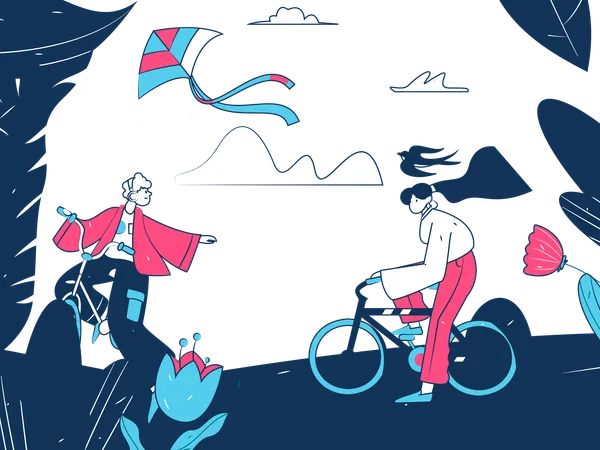 Menino e menina andando de bicicleta do lado de fora  Ilustração