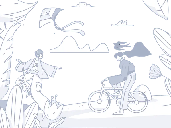 Menino e menina andando de bicicleta do lado de fora  Ilustração