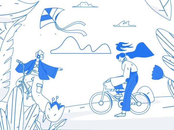 Menino e menina andando de bicicleta do lado de fora  Ilustração