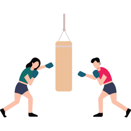 Menino e menina boxeando em um saco de pancadas  Ilustração