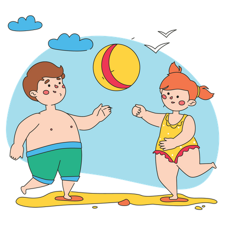 Menino e menina brincando com bola  Ilustração