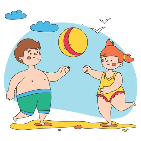 Menino e menina brincando com bola  Ilustração