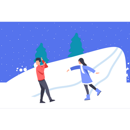 Menino e menina brincando com bolas de neve  Ilustração