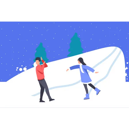 Menino e menina brincando com bolas de neve  Ilustração