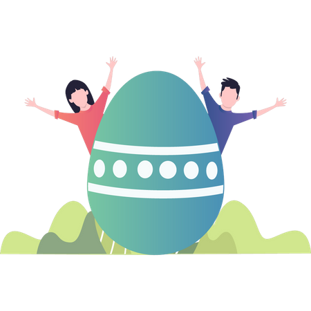 Menino e menina brincando com ovo de Páscoa  Ilustração