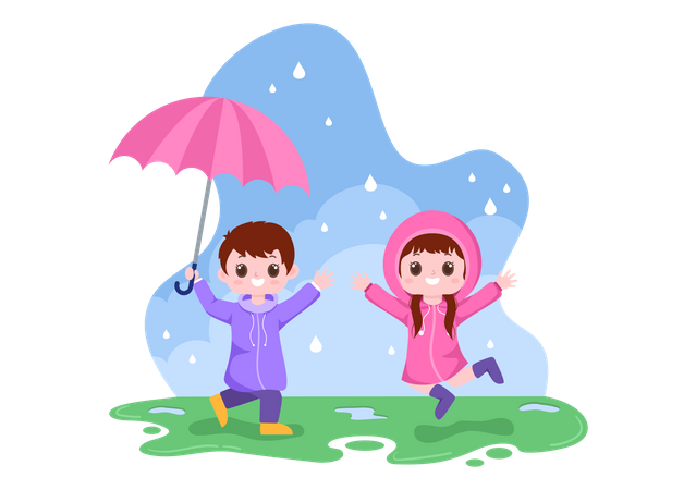Menino e menina brincando na chuva  Ilustração