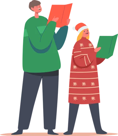 Menino e menina cantam canções de natal com livros  Ilustração