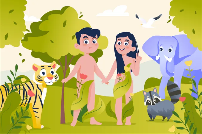 Menino e menina com animais  Ilustração