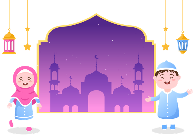 Menino e menina comemorando o Ramadã  Ilustração
