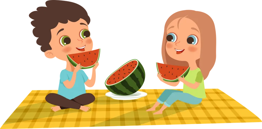 Menino e menina comendo melancia  Ilustração