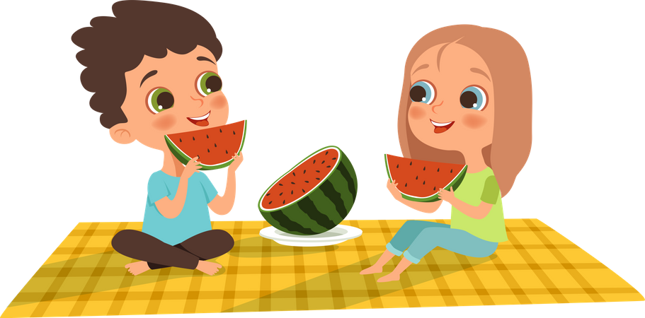 Menino e menina comendo melancia no piquenique  Ilustração