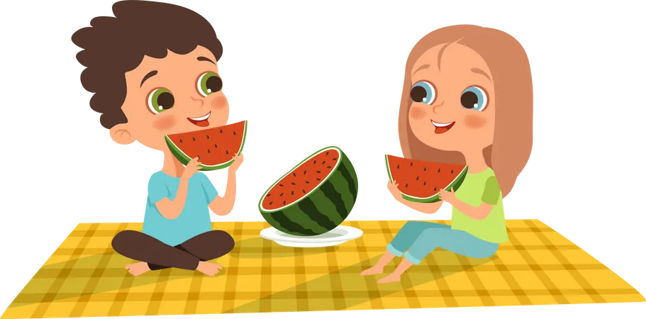 Menino e menina comendo melancia no piquenique  Ilustração