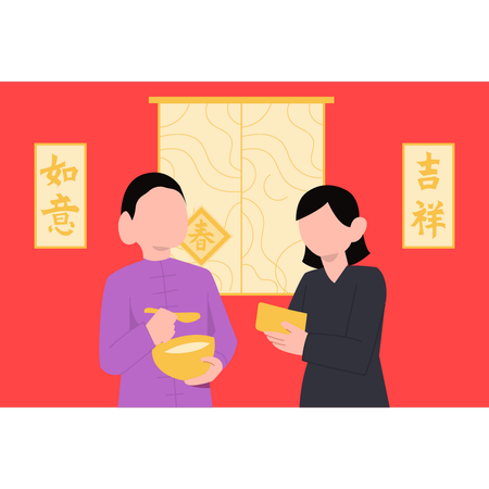 Menino e menina comendo comida no ano novo chinês  Ilustração