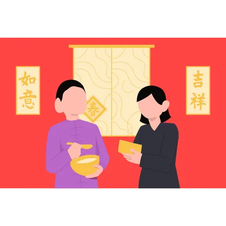 Menino e menina comendo comida no ano novo chinês  Ilustração