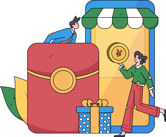 Menino e menina fazendo compras on-line  Ilustração