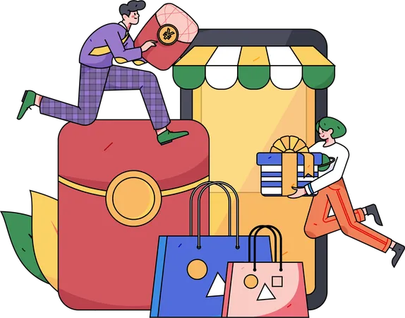 Menino e menina fazendo compras on-line  Ilustração