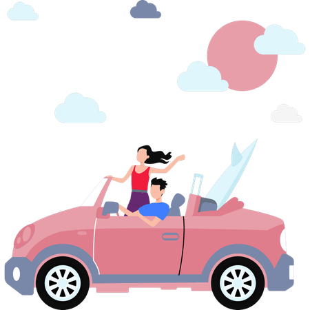 Menino e menina se divertindo no carro  Ilustração