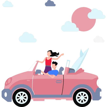 Menino e menina se divertindo no carro  Ilustração