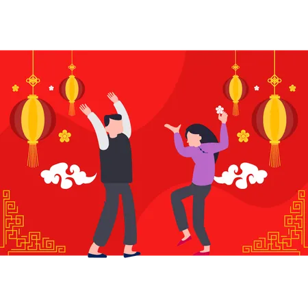 Menino e menina dançando no ano novo chinês  Ilustração