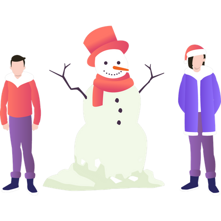 Menino e menina ao lado do boneco de neve  Ilustração